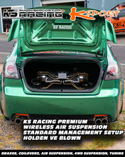 Load image into Gallery viewer, BOSSVE with fancy air suspension setup in boot of his Harrop Supercharged Holden Commodore VE. Kitted with the KS RACING Premium Wireless Air Suspension kit with Gold Hard lines.