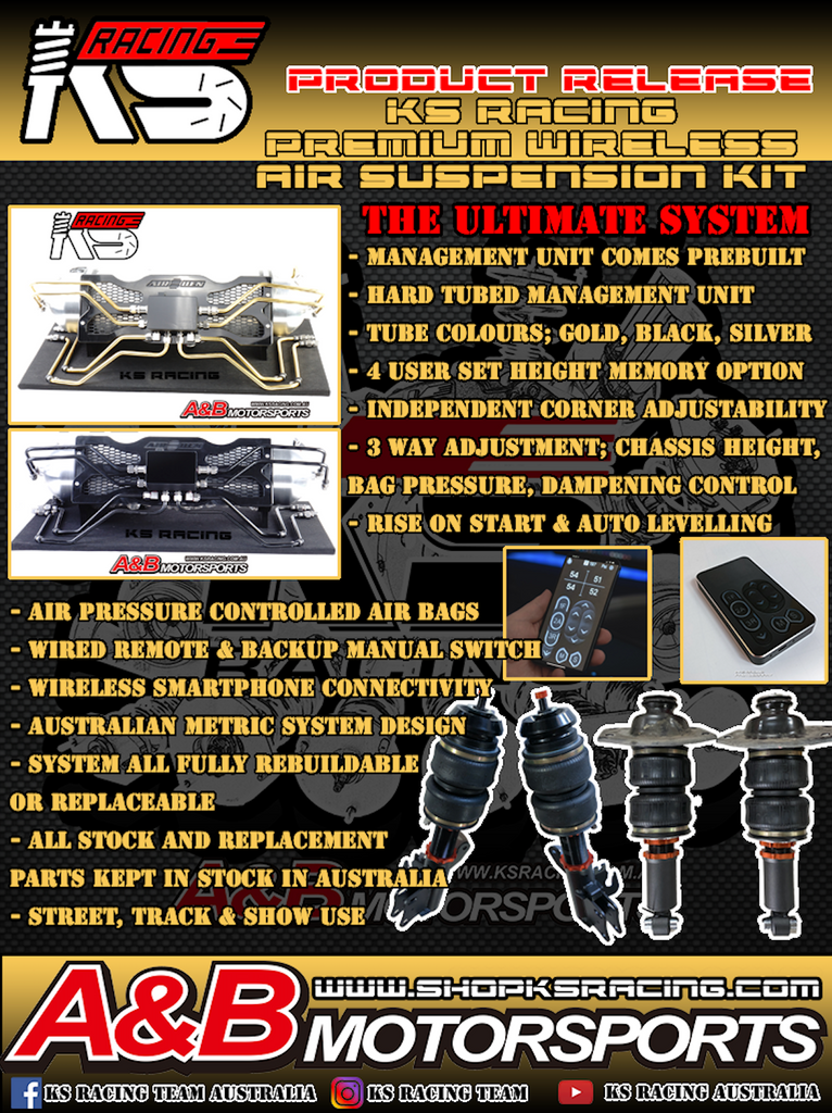 KS RACING PREMIUM WIRELESS AIR SUSPENSION KIT DETAILS AND BREAKDOWN. PREBUILT MANAGEMENT UNIT WITH KS MANIFOLD, 4 GALLON AIR TANK, DUAL KS QUIET AIR COMPRESSORS, WATER SEPARATORS, AND PERFORMANCE AIR STRUTS TO SUIT ALL MAKES AND MODELS.