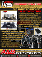 Load image into Gallery viewer, KS RACING PREMIUM WIRELESS AIR SUSPENSION KIT DETAILS AND BREAKDOWN. PREBUILT MANAGEMENT UNIT WITH KS MANIFOLD, 4 GALLON AIR TANK, DUAL KS QUIET AIR COMPRESSORS, WATER SEPARATORS, AND PERFORMANCE AIR STRUTS TO SUIT ALL MAKES AND MODELS.