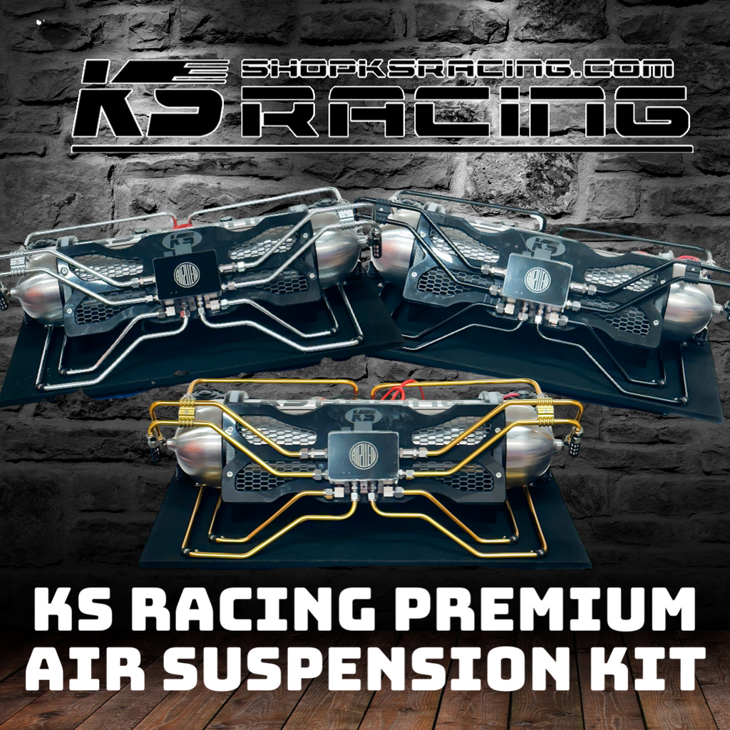 KS RACING PREMIUM WIRELESS AIR SUSPENSION KIT IN 3 DIFFERENT COLOURS: GOLD, BLACK, SILVER. BUILT AIR RIDE MANAGEMENT UNITS, READY FOR INSTALLATION.