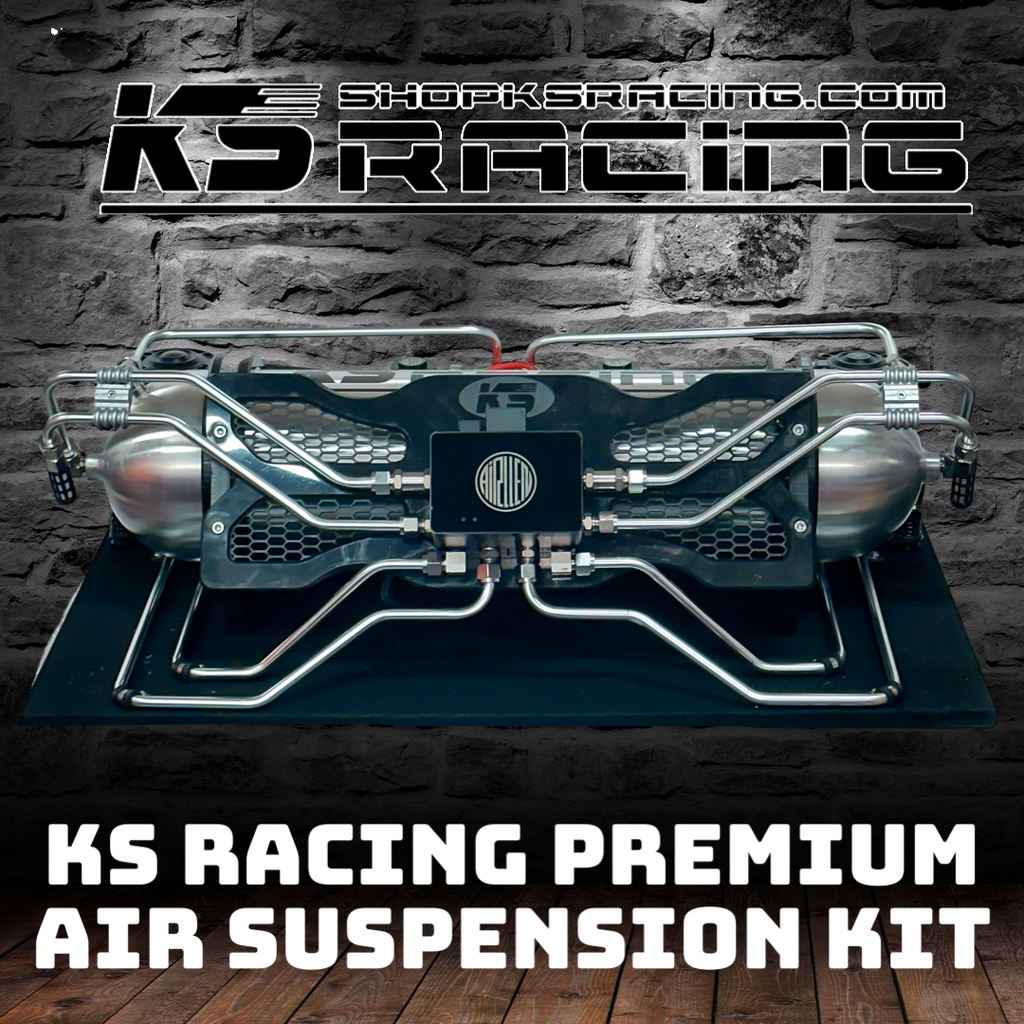 KS RACING PREMIUM WIRELESS AIR SUSPENSION KIT IN 3 DIFFERENT COLOURS: GOLD, BLACK, SILVER. BUILT AIR RIDE MANAGEMENT UNITS, READY FOR INSTALLATION.