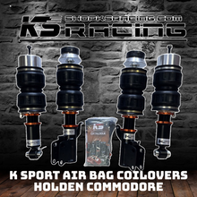 Load image into Gallery viewer, KS RACING Performance Coilover Airbag Air Struts with CNC Pillow ball tops to suit Holden Commodore. Double bellow air bags with internal rubber bump stops to increase air pressure performance. 33 levels of damping and rebound adjustment, air bag pressure adjustment and ride height adjustment via lower foot. 