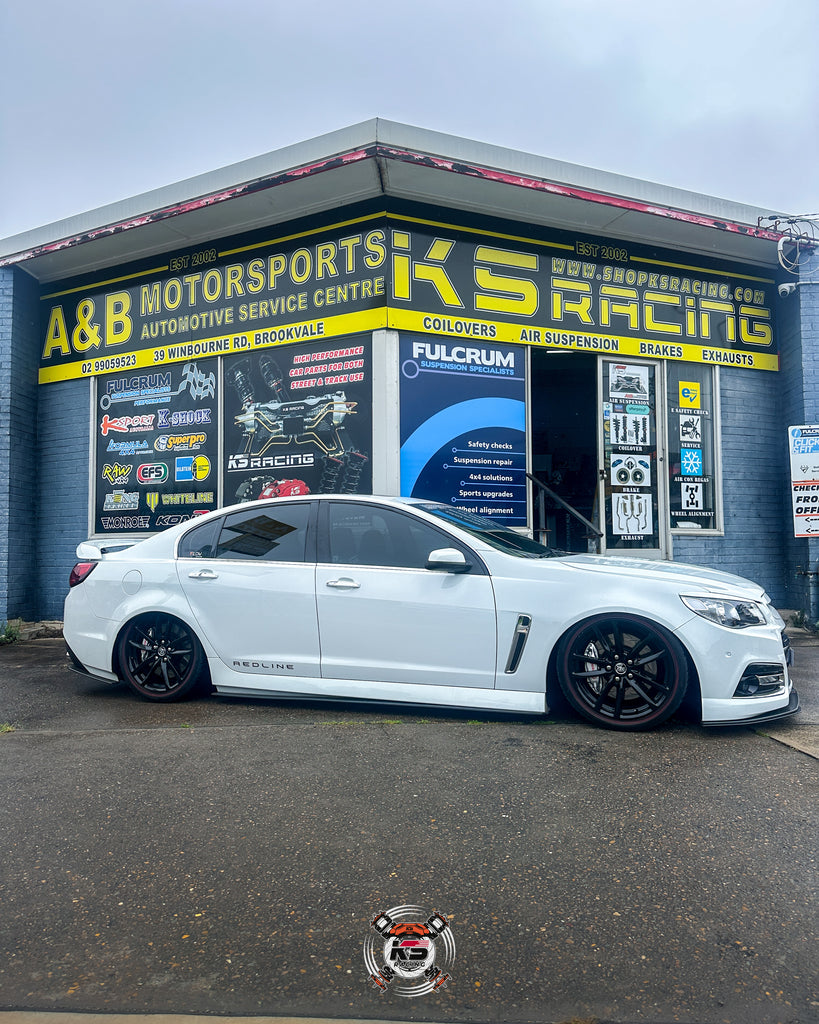 Slammed Holden VF Commodore on top quality air suspension kit supplied and fitted at KS Racing in Sydneys Northern Beaches. KSPORT Performance air struts in both front and rear to suit big power Holdens. 