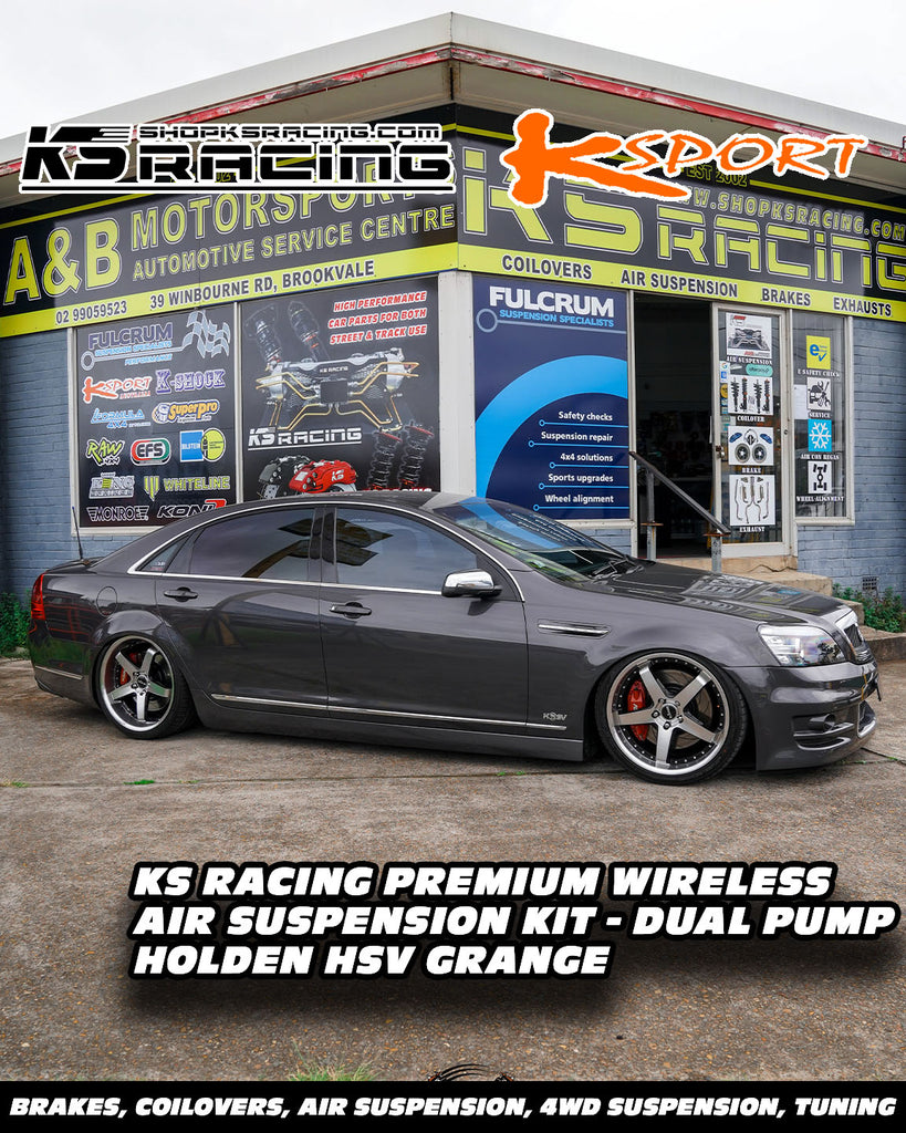 Grey HSV VE Grange kitted with a premium KS RACING wireless air suspension kit with KSPORT performance front and rear air struts. Grange slammed with air bag suspension.