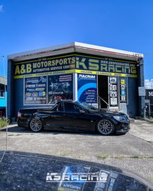 Holden VF Ute riding on a Premium KS RACING wireless air suspension kit with performance air struts front and rear. Slammed VF Ute on 20