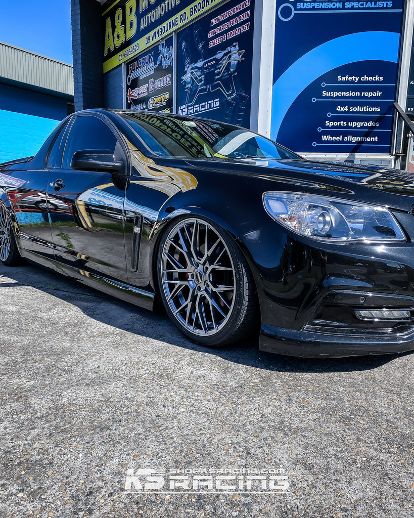 Holden Commodore VF with tucked fitment. 20" wheels slammed with air suspension. Best in the game, none other than KS RACING in brookvale who offer in house air strut building and tuning, aswell as top of the line installation services.