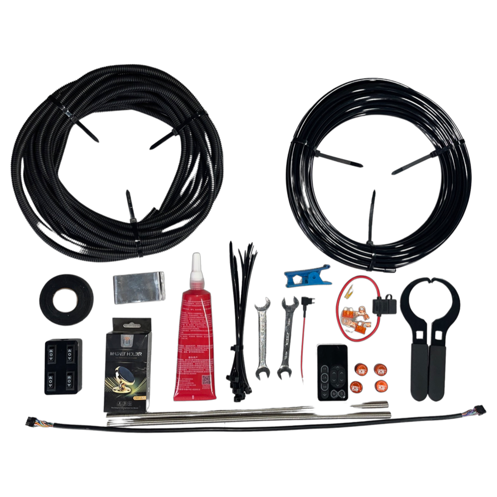 KS RACING AIR SUSPENSION KIT INCLUDED PARTS. 8mm airline and conduit, cloth tape, manual back up switch and cable, remote control magnet holder, cable ties, front airline protection, fitting spanners, remote control, fuse link, c spanners, damper tool, air line cutter, wiring parts.