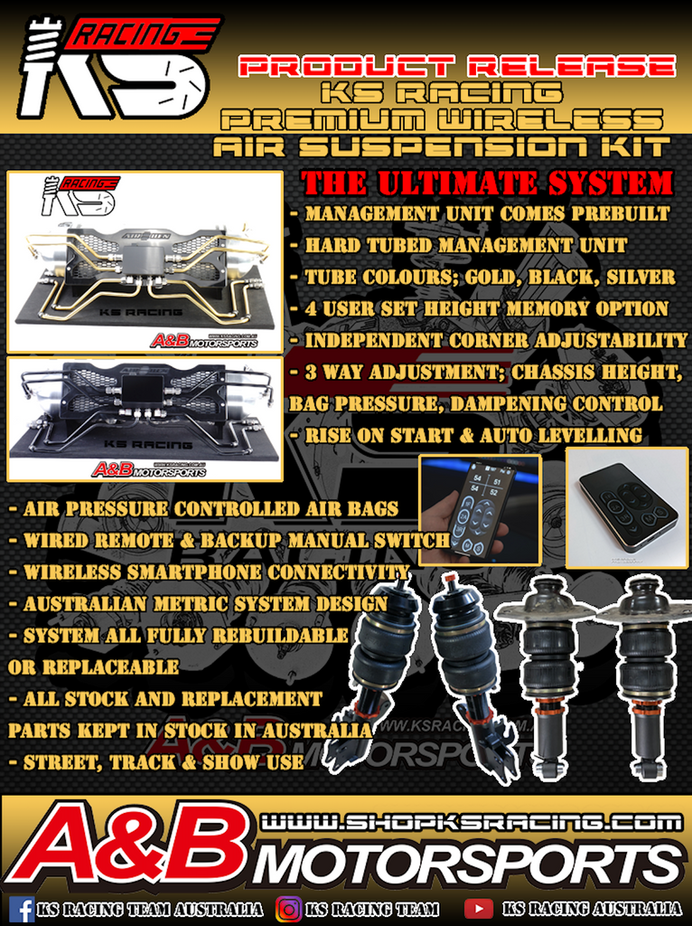 KS RACING PREMIUM WIRELESS AIR SUSPENSION KIT. BUILT MANAGEMENT UNIT WITH DUAL KS QUIET COMPRESSORS. 3 SYSTEM MEMORY PRESETS WITH INDEPENDENT CORNER CONTROL. 3 WAY ADJUSTMENT, PRIMARY OLED REMOTE CONTROL, SECONDARY BLUETOOTH PHONE APP AND MANUAL BACK UP SWITCH.