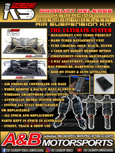 Load image into Gallery viewer, KS RACING PREMIUM WIRELESS AIR SUSPENSION KIT. BUILT MANAGEMENT UNIT WITH DUAL KS QUIET COMPRESSORS. 3 SYSTEM MEMORY PRESETS WITH INDEPENDENT CORNER CONTROL. 3 WAY ADJUSTMENT, PRIMARY OLED REMOTE CONTROL, SECONDARY BLUETOOTH PHONE APP AND MANUAL BACK UP SWITCH.